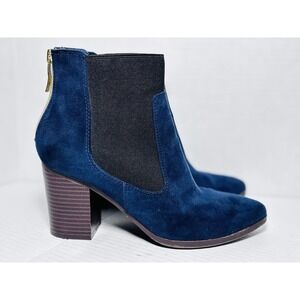Fioni Navy Blue Suede Ankle Boots Womens 7 Block Heel Chelsea Gold Zipper